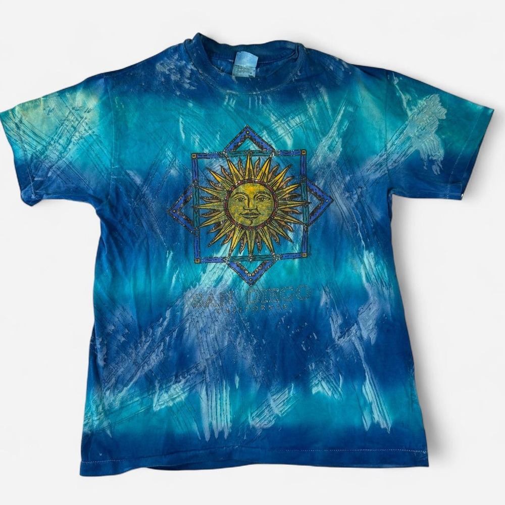 Vintage 90s Hanes Beefy-T San Diego Sun Face Tie Dye Graphic Shirt Mens M